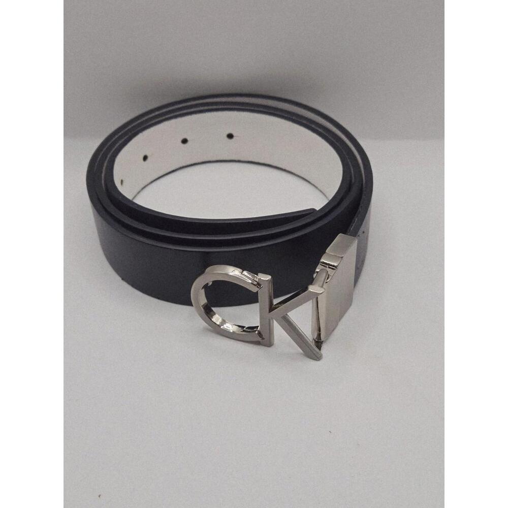 Calvin Klein Women's Reversible Leather Belt Black White CK Monogram Logo Sz L